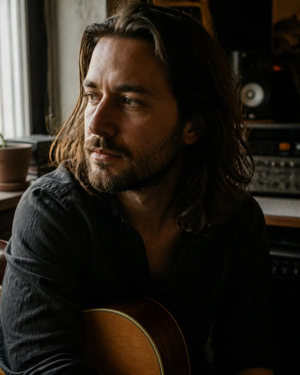 Jesse Lopez looking toward the window in his home studio with a guitar