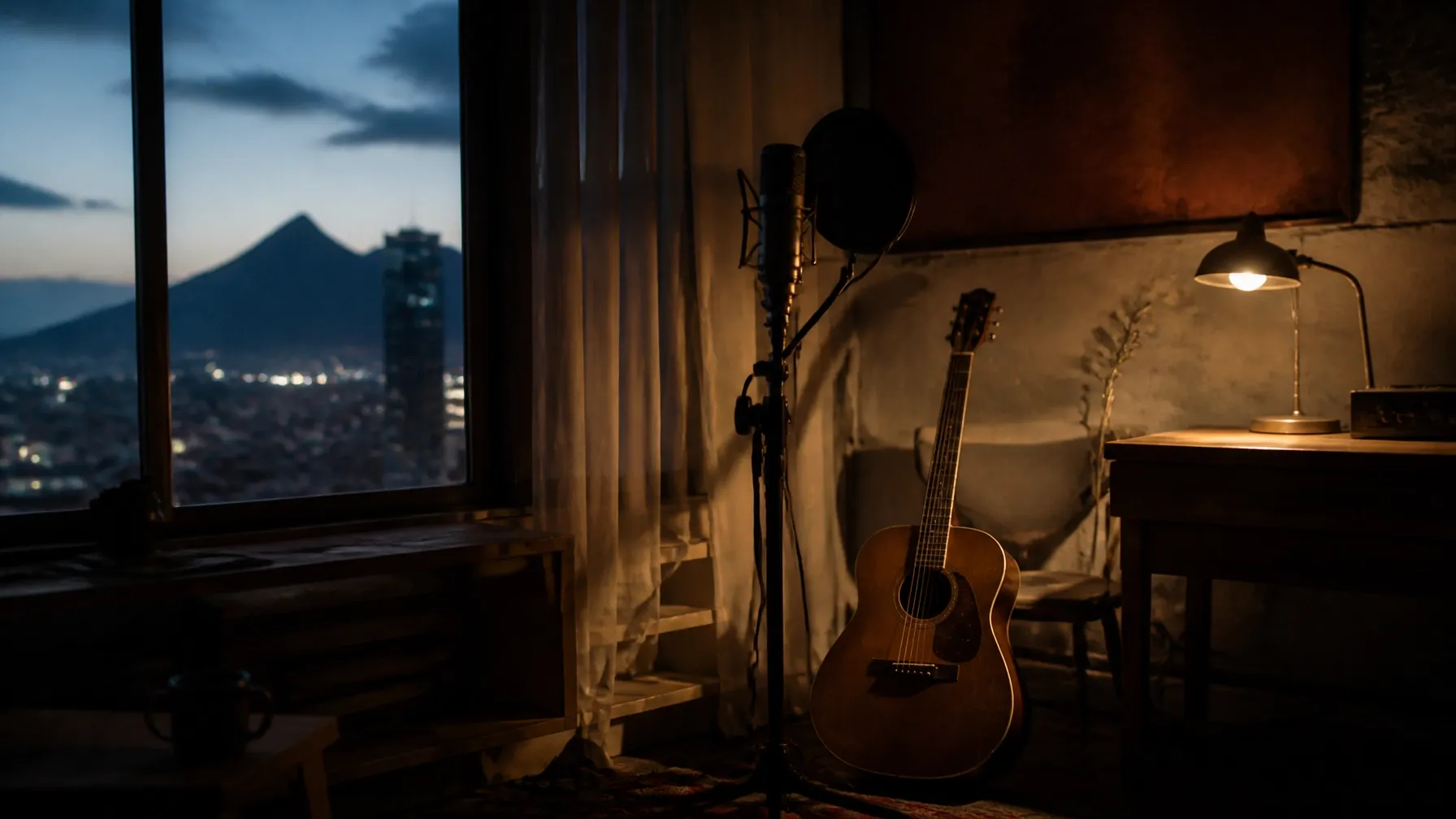 Acoustic guitar and microphone in Jesse Lopez's home studio